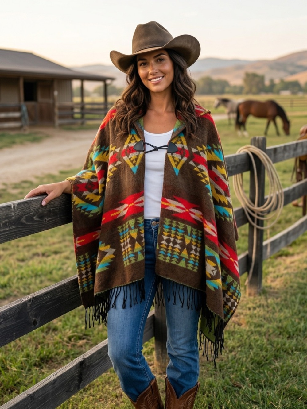 Aztec Print Winter Fall Cozy Classic Fringe Hem Hoodie Poncho One Size